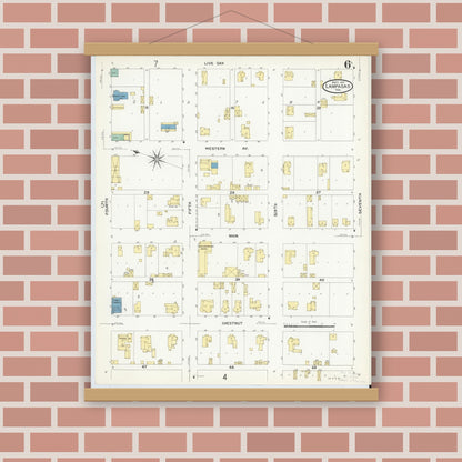 Old map wall art mockup — magnetic wood frame on brick wall — Sanborn Fire Insurance Map from Lampasas, Lampasas County, Texas (1907), Sheet #0006