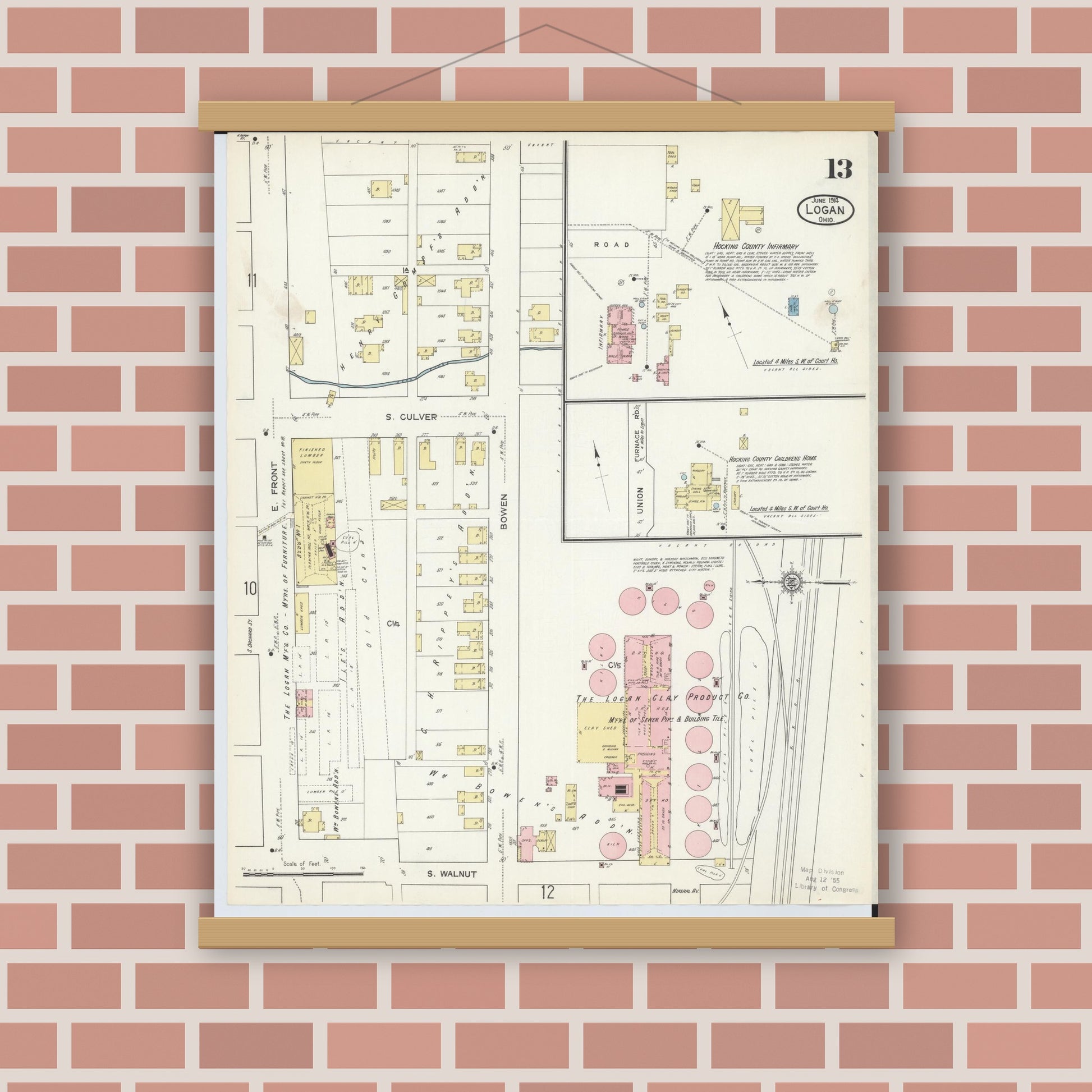 Old map wall art mockup — magnetic wood frame on brick wall — Sanborn Fire Insurance Map from Logan, Hocking County, Ohio (1914), Sheet #0013