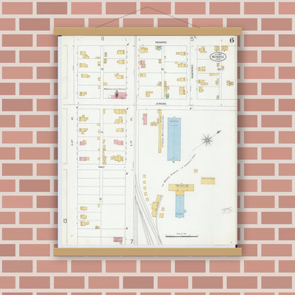 Old map wall art mockup — magnetic wood frame on brick wall — Sanborn Fire Insurance Map from Monroe, Monroe County, Michigan (1899), Sheet #0006