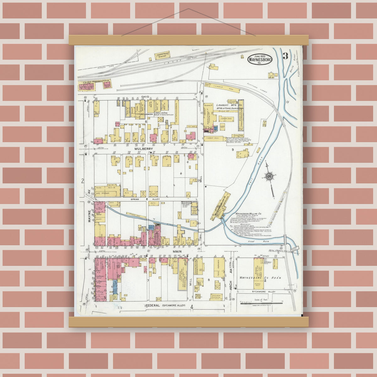 Old map wall art mockup — magnetic wood frame on brick wall — Sanborn Fire Insurance Map from Waynesboro, Independent Cities, Virginia (1920), Sheet #0003