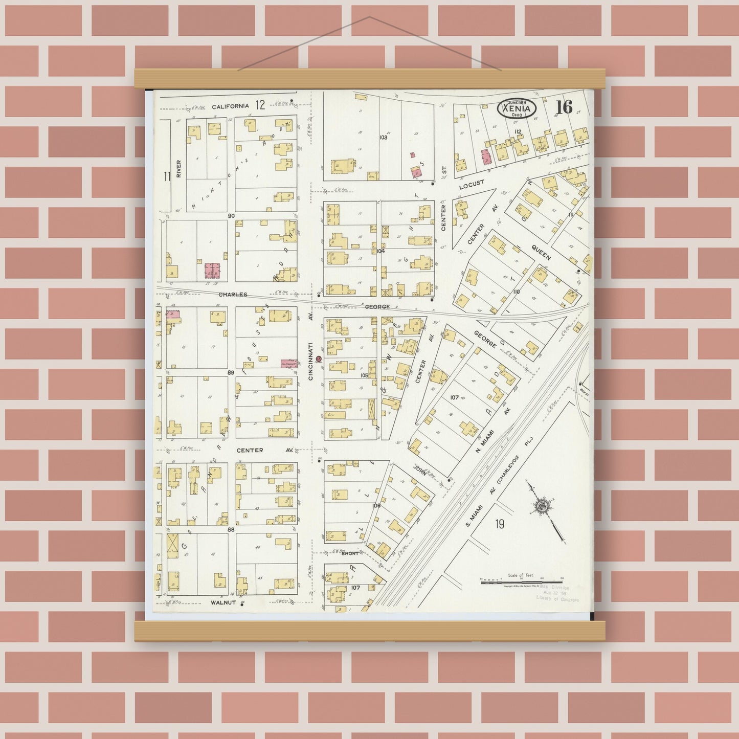 Old map wall art mockup — magnetic wood frame on brick wall — Sanborn Fire Insurance Map from Xenia, Greene County, Ohio (1919), Sheet #0016
