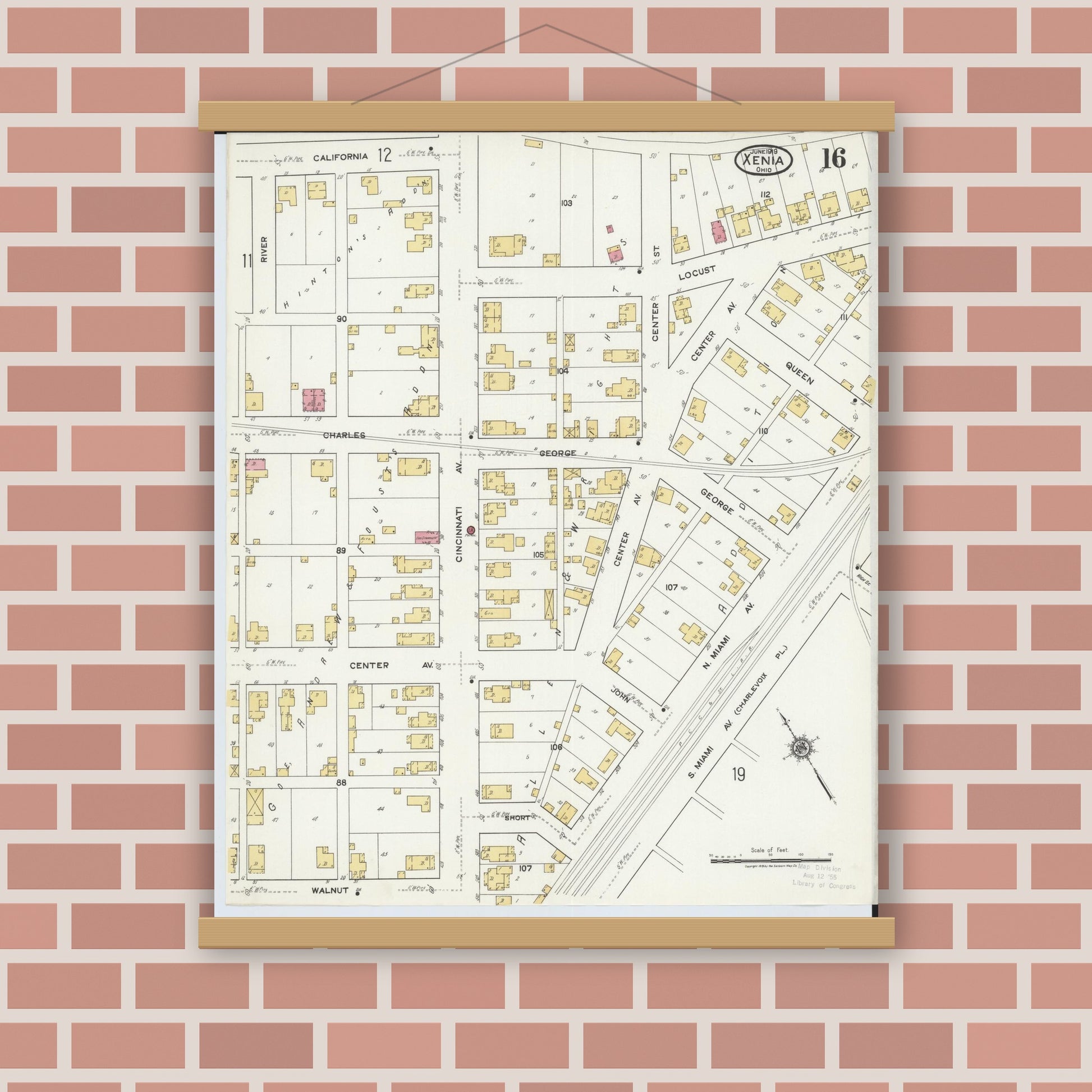 Old map wall art mockup — magnetic wood frame on brick wall — Sanborn Fire Insurance Map from Xenia, Greene County, Ohio (1919), Sheet #0016