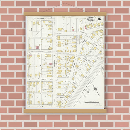 Old map wall art mockup — magnetic wood frame on brick wall — Sanborn Fire Insurance Map from Xenia, Greene County, Ohio (1919), Sheet #0016