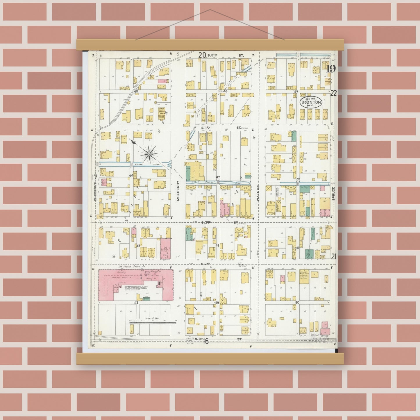 Old map wall art mockup — magnetic wood frame on brick wall — Sanborn Fire Insurance Map from Ironton, Lawrence County, Ohio (1904), Sheet #0019