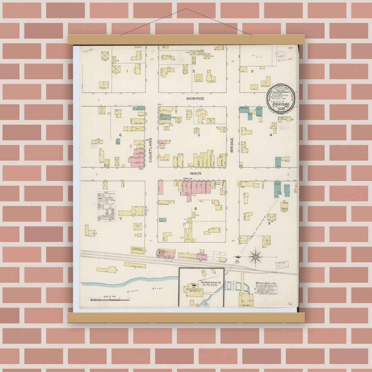 Old map wall art mockup — magnetic wood frame on brick wall — Sanborn Fire Insurance Map from Rockford, Kent County, Michigan (1893), Sheet #0001