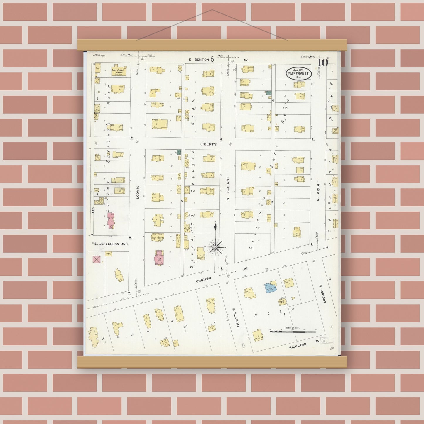 Old map wall art mockup — magnetic wood frame on brick wall — Sanborn Fire Insurance Map from Naperville, Du Page County, Illinois (1909), Sheet #0010
