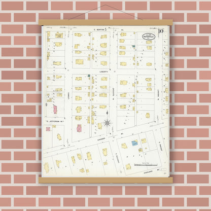 Old map wall art mockup — magnetic wood frame on brick wall — Sanborn Fire Insurance Map from Naperville, Du Page County, Illinois (1909), Sheet #0010