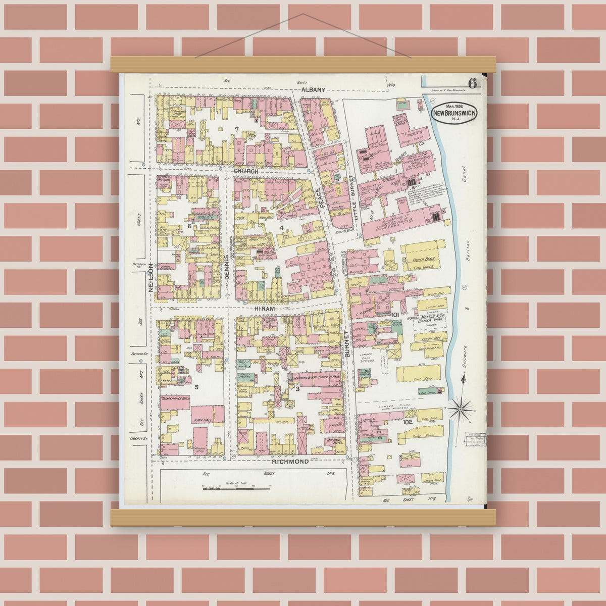 Old map wall art mockup — magnetic wood frame on brick wall — Sanborn Fire Insurance Map from New Brunswick, Middlesex County, New Jersey (1892), Sheet #0006