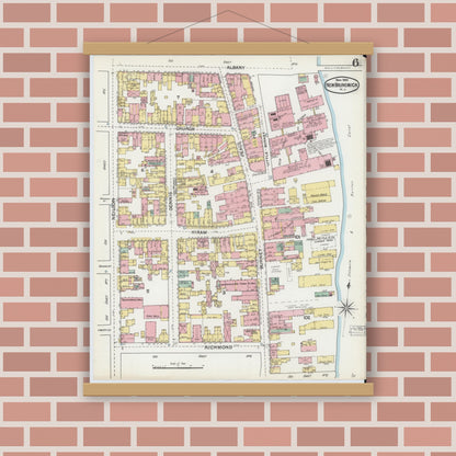 Old map wall art mockup — magnetic wood frame on brick wall — Sanborn Fire Insurance Map from New Brunswick, Middlesex County, New Jersey (1892), Sheet #0006