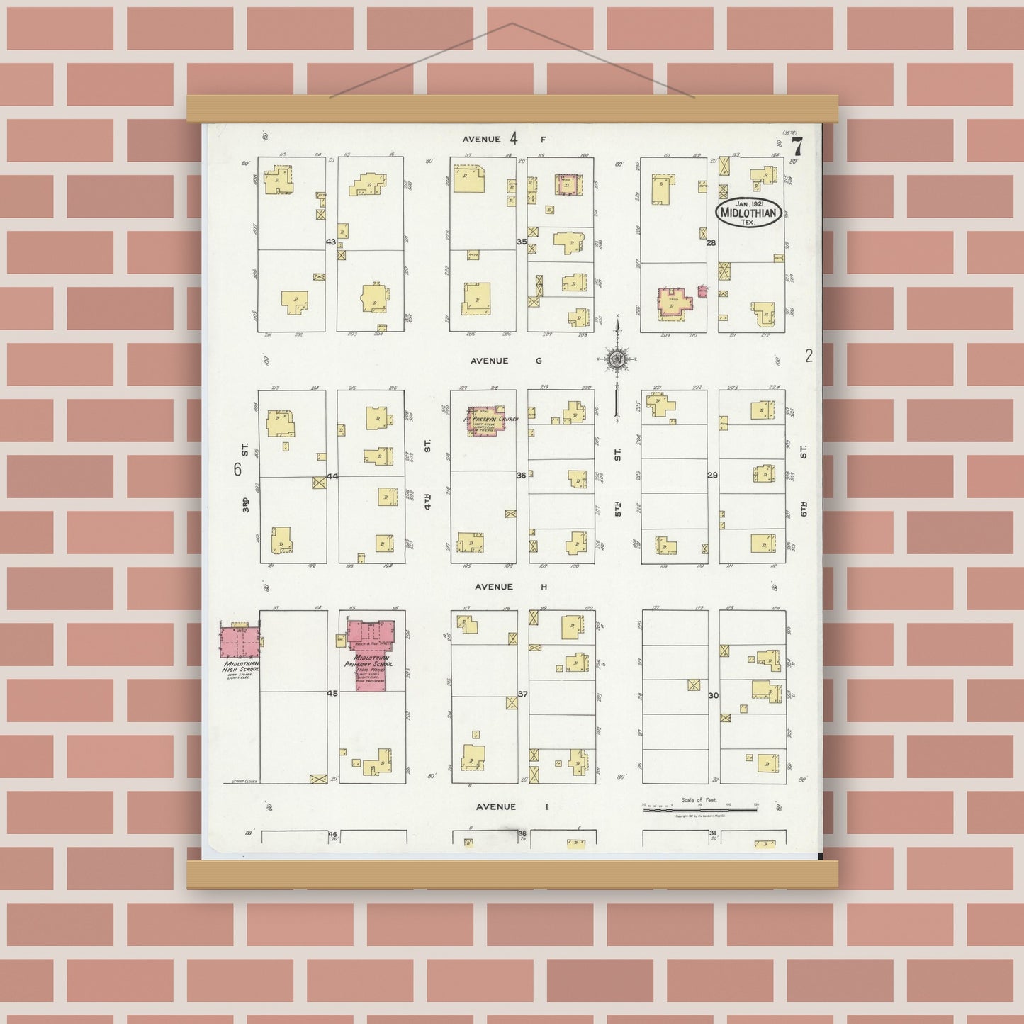 Old map wall art mockup — magnetic wood frame on brick wall — Sanborn Fire Insurance Map from Midlothian, Ellis County, Texas (1921), Sheet #0007