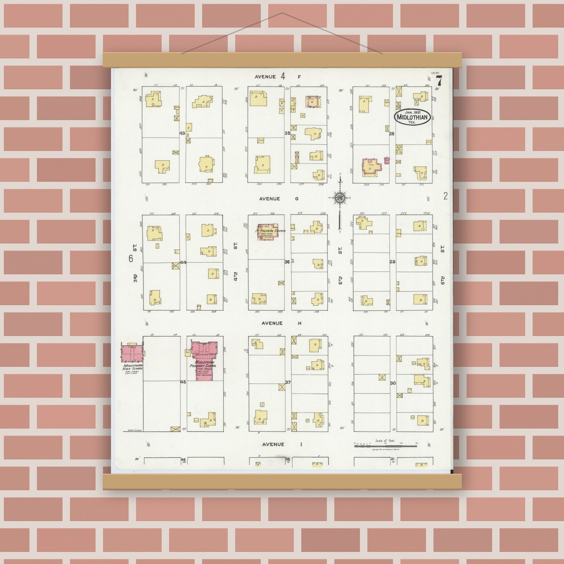 Old map wall art mockup — magnetic wood frame on brick wall — Sanborn Fire Insurance Map from Midlothian, Ellis County, Texas (1921), Sheet #0007
