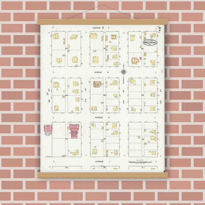 Old map wall art mockup — magnetic wood frame on brick wall — Sanborn Fire Insurance Map from Midlothian, Ellis County, Texas (1921), Sheet #0007