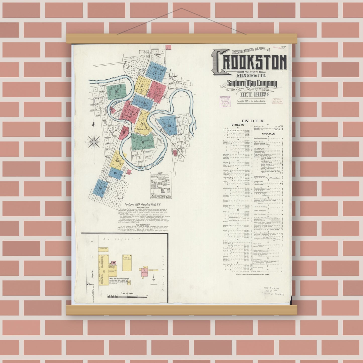 Old map wall art mockup — magnetic wood frame on brick wall — Sanborn Fire Insurance Map from Crookston, Polk County, Minnesota (1906), Sheet #0001
