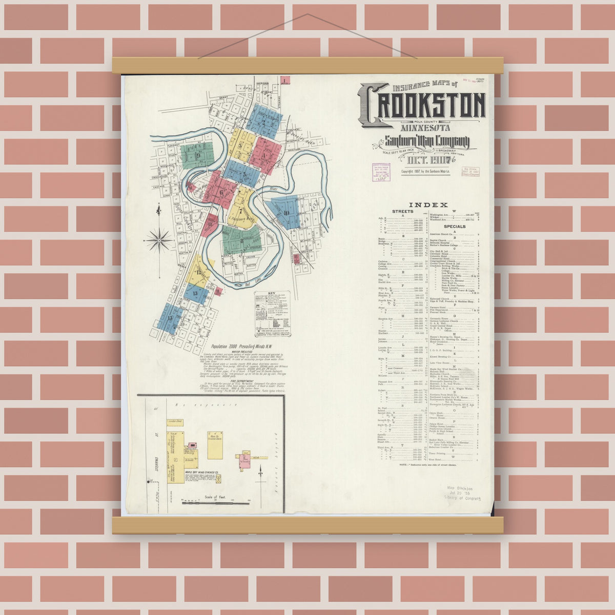 Old map wall art mockup — magnetic wood frame on brick wall — Sanborn Fire Insurance Map from Crookston, Polk County, Minnesota (1906), Sheet #0001