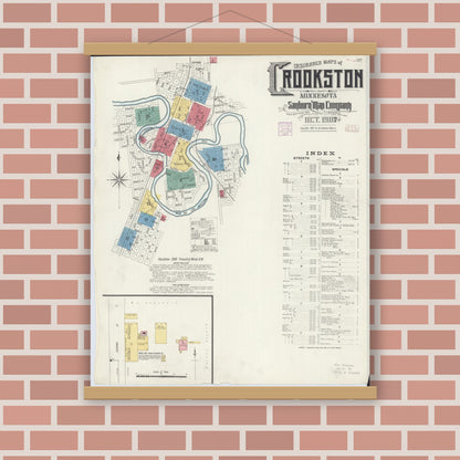 Old map wall art mockup — magnetic wood frame on brick wall — Sanborn Fire Insurance Map from Crookston, Polk County, Minnesota (1906), Sheet #0001