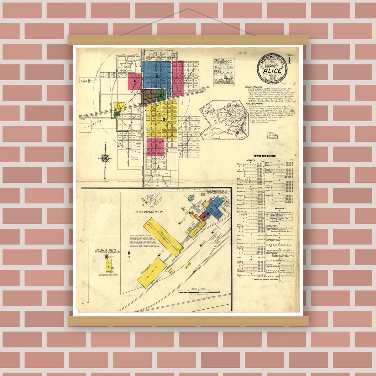 Old map wall art mockup — magnetic wood frame on brick wall — Sanborn Fire Insurance Map from Alice, Jim Wells County, Texas (1922), Sheet #0001