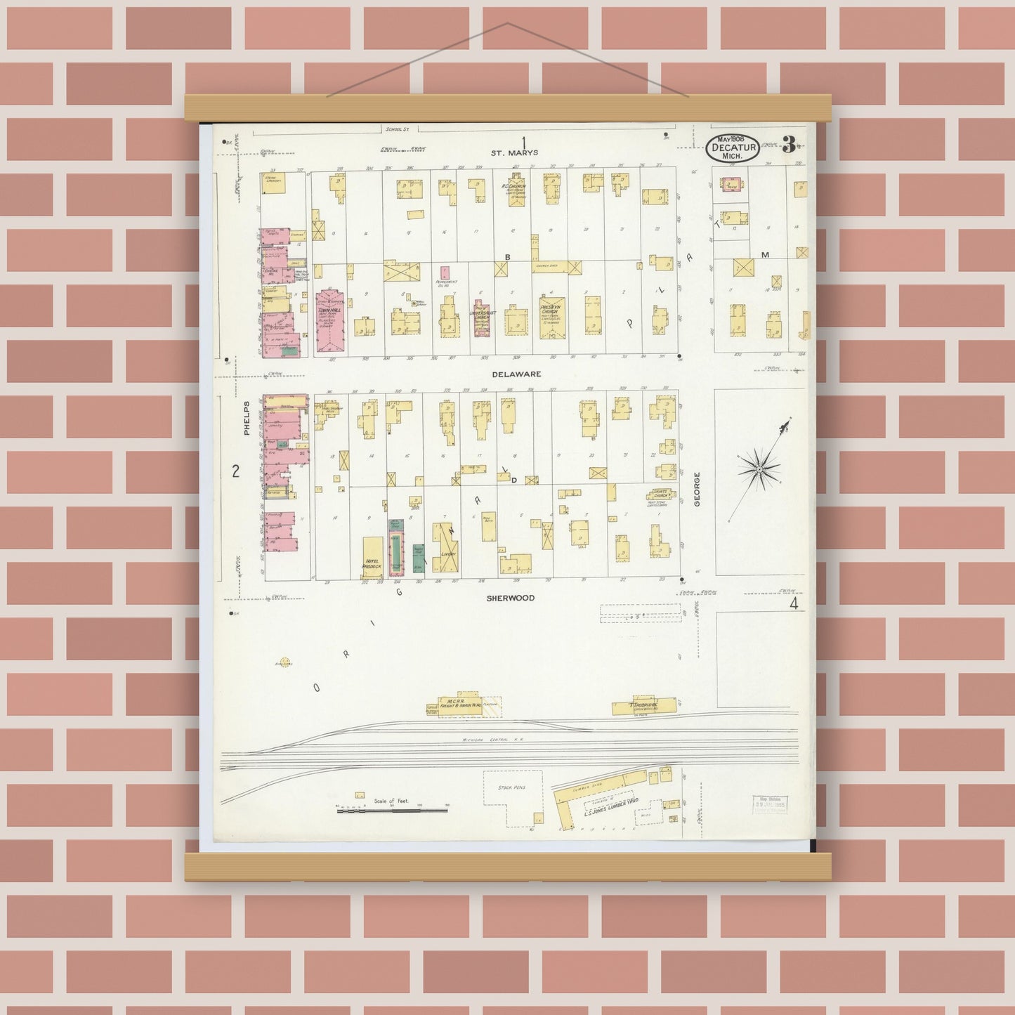 Old map wall art mockup — magnetic wood frame on brick wall — Sanborn Fire Insurance Map from Decatur, Van Buren County, Michigan (1908), Sheet #0003