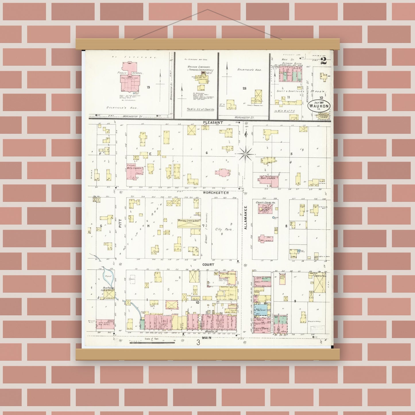 Old map wall art mockup — magnetic wood frame on brick wall — Sanborn Fire Insurance Map from Waukon, Allamakee County, Iowa (1897), Sheet #0002