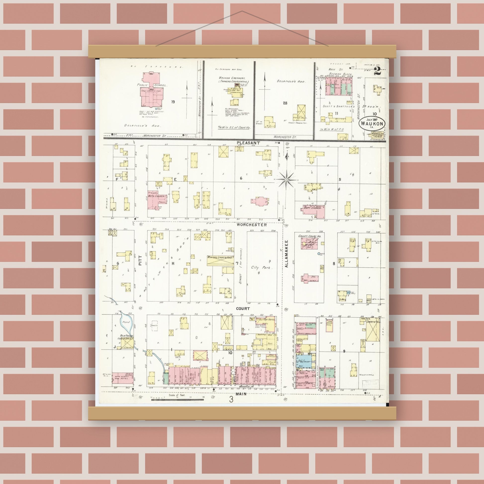Old map wall art mockup — magnetic wood frame on brick wall — Sanborn Fire Insurance Map from Waukon, Allamakee County, Iowa (1897), Sheet #0002