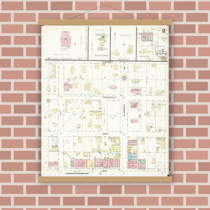 Old map wall art mockup — magnetic wood frame on brick wall — Sanborn Fire Insurance Map from Waukon, Allamakee County, Iowa (1897), Sheet #0002