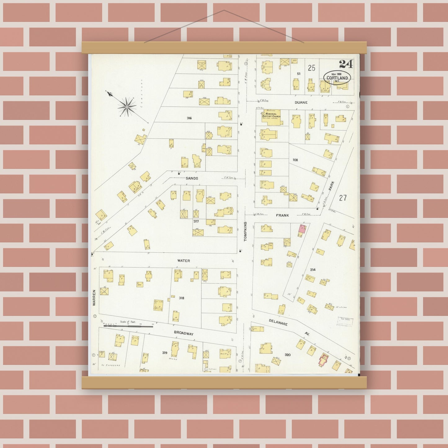 Old map wall art mockup — magnetic wood frame on brick wall — Sanborn Fire Insurance Map from Cortland, Cortland County, New York (1908), Sheet #0024