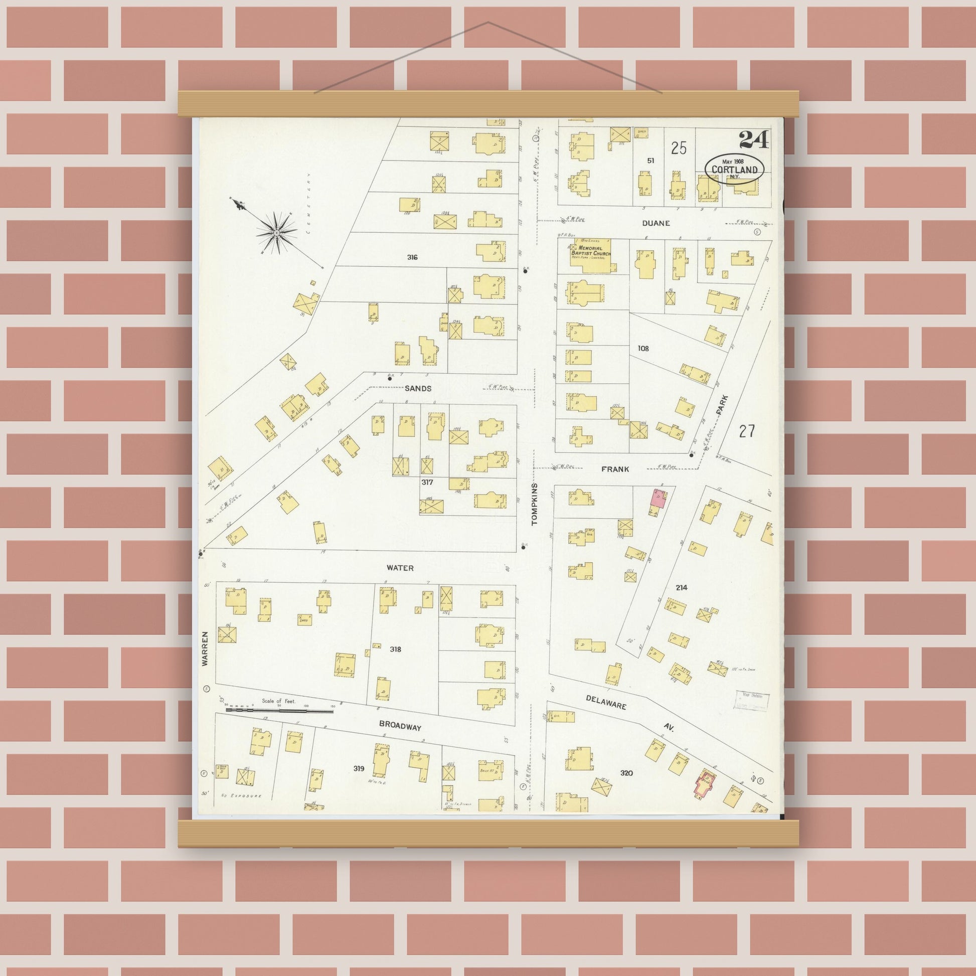 Old map wall art mockup — magnetic wood frame on brick wall — Sanborn Fire Insurance Map from Cortland, Cortland County, New York (1908), Sheet #0024
