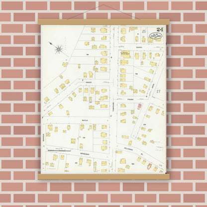 Old map wall art mockup — magnetic wood frame on brick wall — Sanborn Fire Insurance Map from Cortland, Cortland County, New York (1908), Sheet #0024