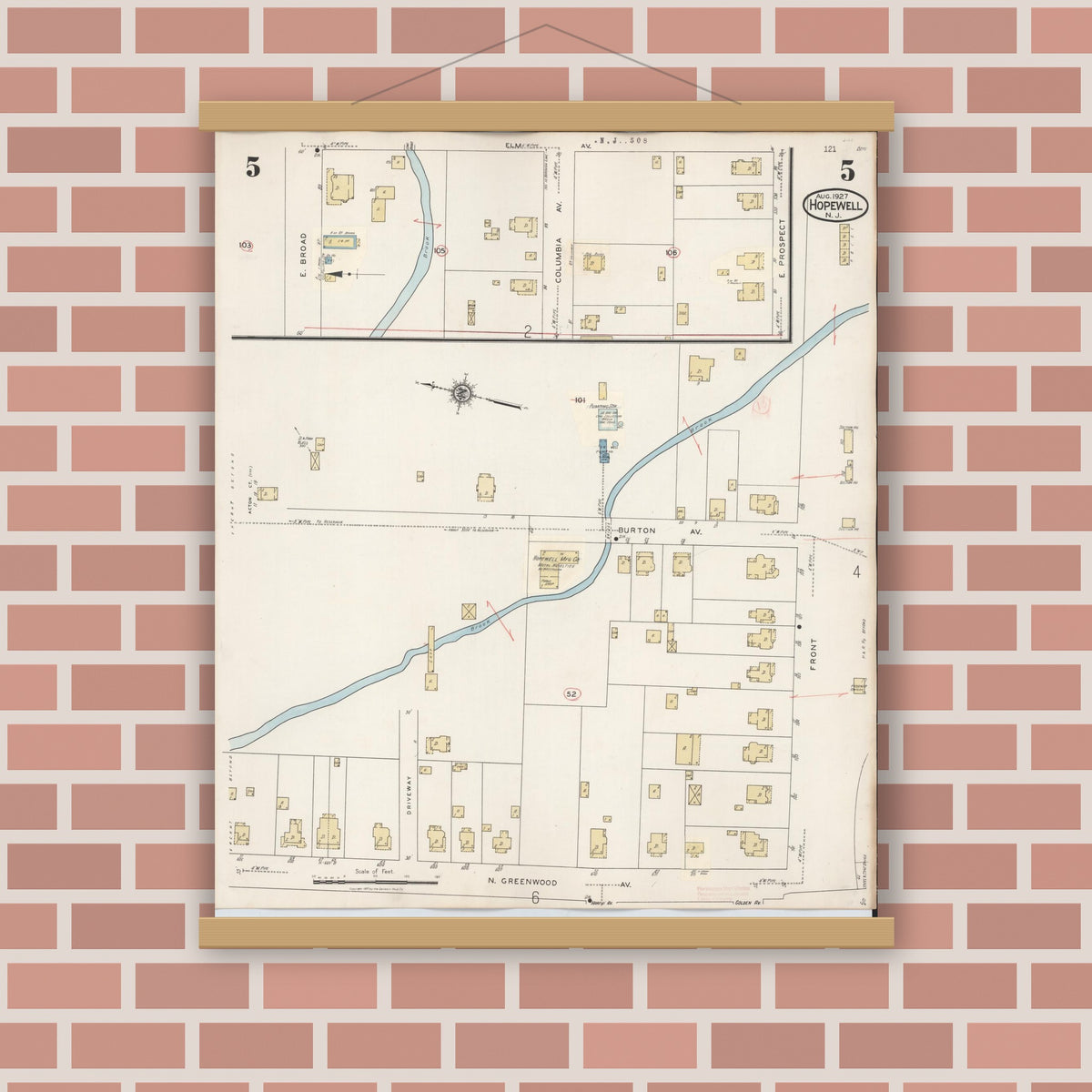 Old map wall art mockup — magnetic wood frame on brick wall — Sanborn Fire Insurance Map from Hopewell, Mercer County, New Jersey (1935), Sheet #0005