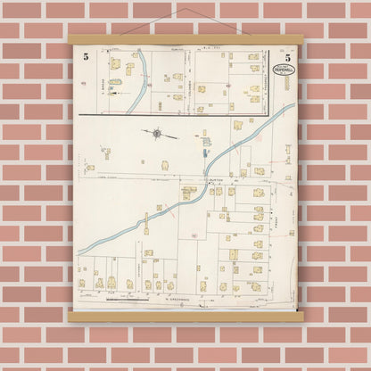 Old map wall art mockup — magnetic wood frame on brick wall — Sanborn Fire Insurance Map from Hopewell, Mercer County, New Jersey (1935), Sheet #0005