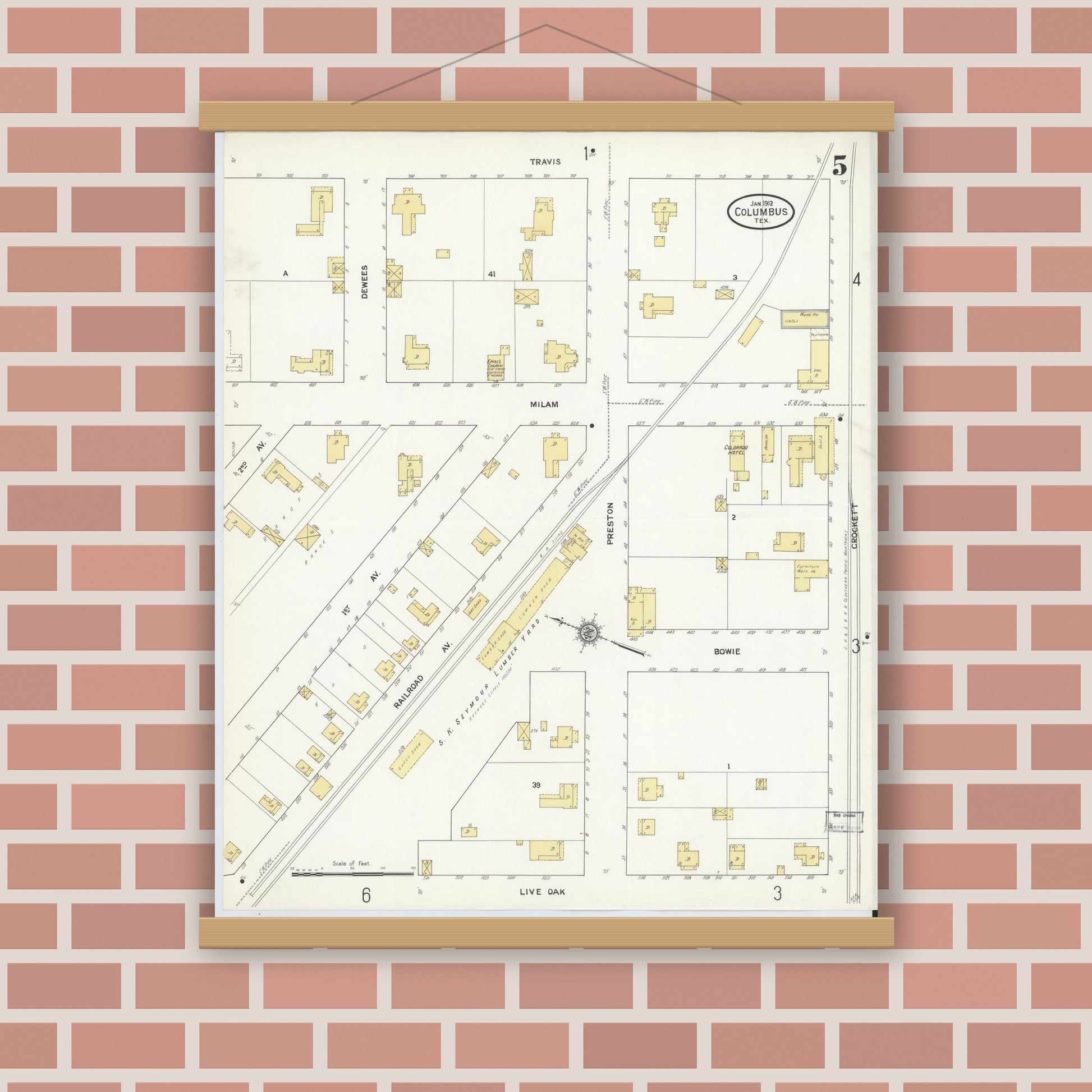Old map wall art mockup — magnetic wood frame on brick wall — Sanborn Fire Insurance Map from Columbus, Colorado County, Texas (1912), Sheet #0005