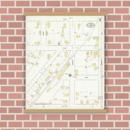 Old map wall art mockup — magnetic wood frame on brick wall — Sanborn Fire Insurance Map from Columbus, Colorado County, Texas (1912), Sheet #0005