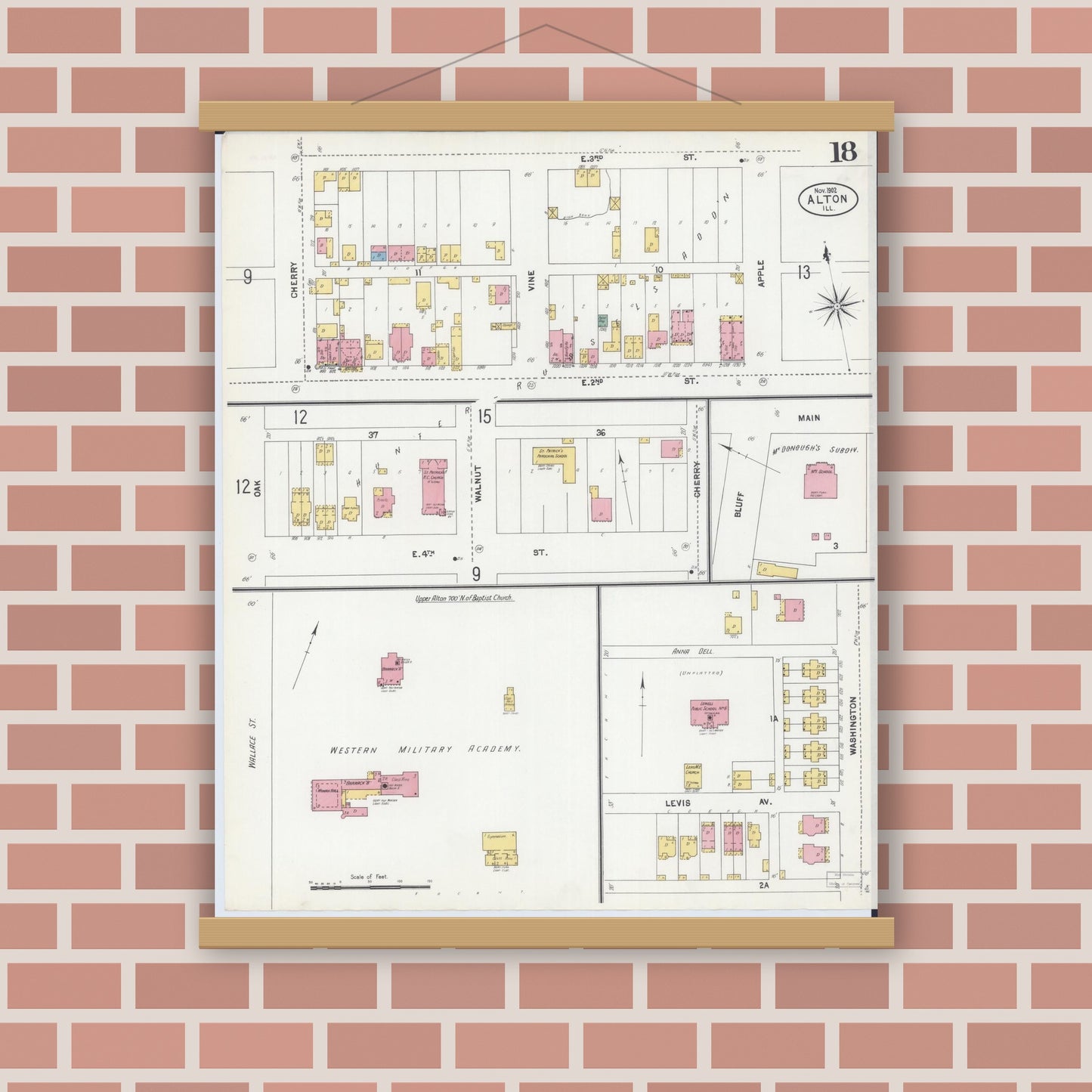 Old map wall art mockup — magnetic wood frame on brick wall — Sanborn Fire Insurance Map from Alton, Madison County, Illinois (1902), Sheet #0018