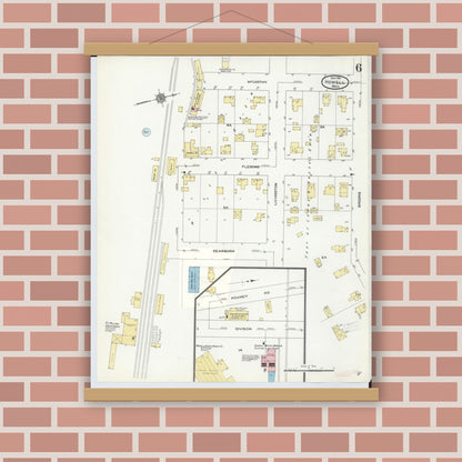 Old map wall art mockup — magnetic wood frame on brick wall — Sanborn Fire Insurance Map from Howell, Livingston County, Michigan (1910), Sheet #0006