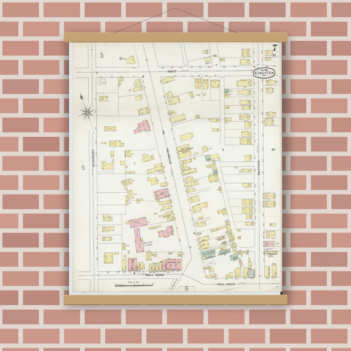 Old map wall art mockup — magnetic wood frame on brick wall — Sanborn Fire Insurance Map from Kingston, Luzerne County, Pennsylvania (1896), Sheet #0007