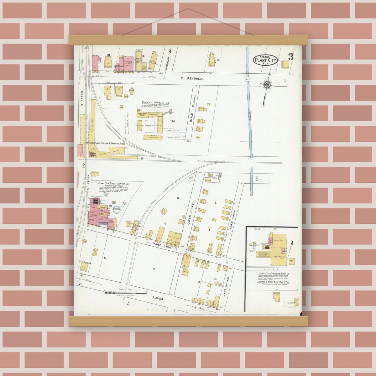 Old map wall art mockup — magnetic wood frame on brick wall — Sanborn Fire Insurance Map from Plant City, Hillborough County, Florida (1919), Sheet #0003