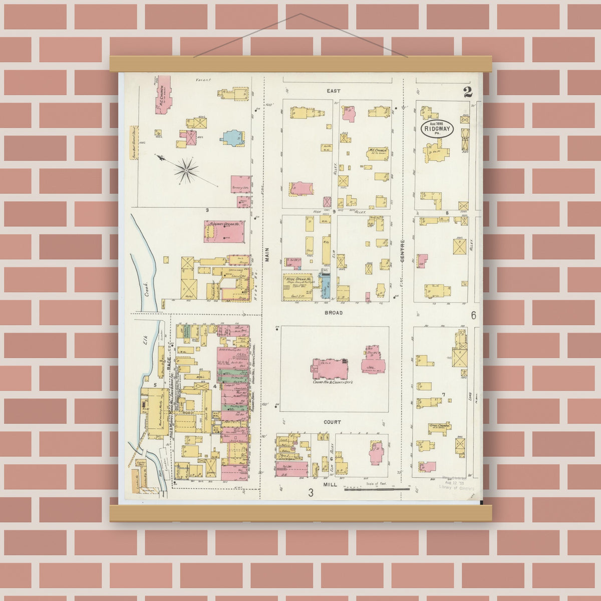 Old map wall art mockup — magnetic wood frame on brick wall — Sanborn Fire Insurance Map from Ridgway, Elk County, Pennsylvania (1898), Sheet #0002