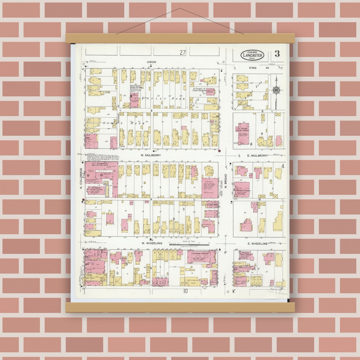 Old map wall art mockup — magnetic wood frame on brick wall — Sanborn Fire Insurance Map from Lancaster, Fairfield County, Ohio (1919), Sheet #0003