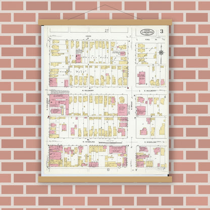 Old map wall art mockup — magnetic wood frame on brick wall — Sanborn Fire Insurance Map from Lancaster, Fairfield County, Ohio (1919), Sheet #0003