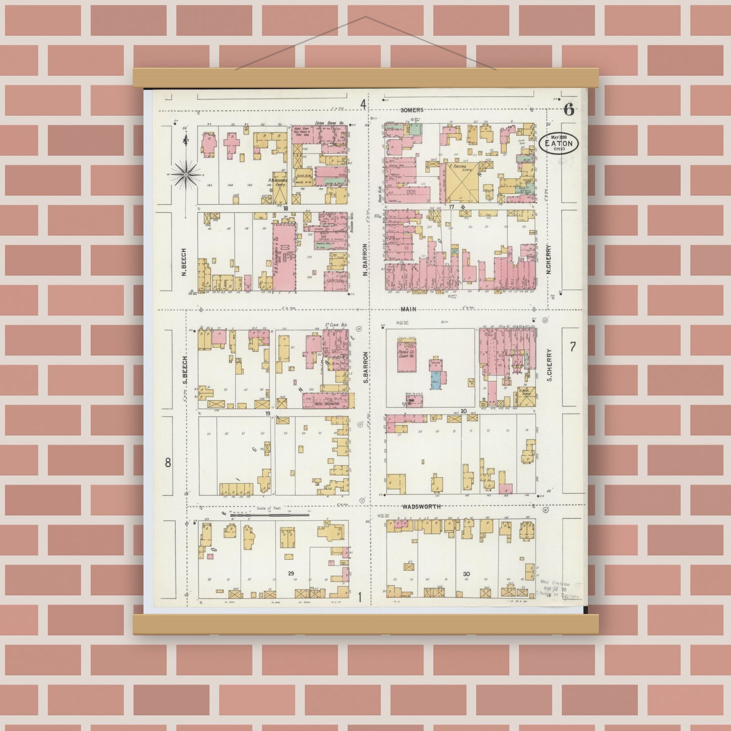 Old map wall art mockup — magnetic wood frame on brick wall — Sanborn Fire Insurance Map from Eaton, Preble County, Ohio (1899), Sheet #0006