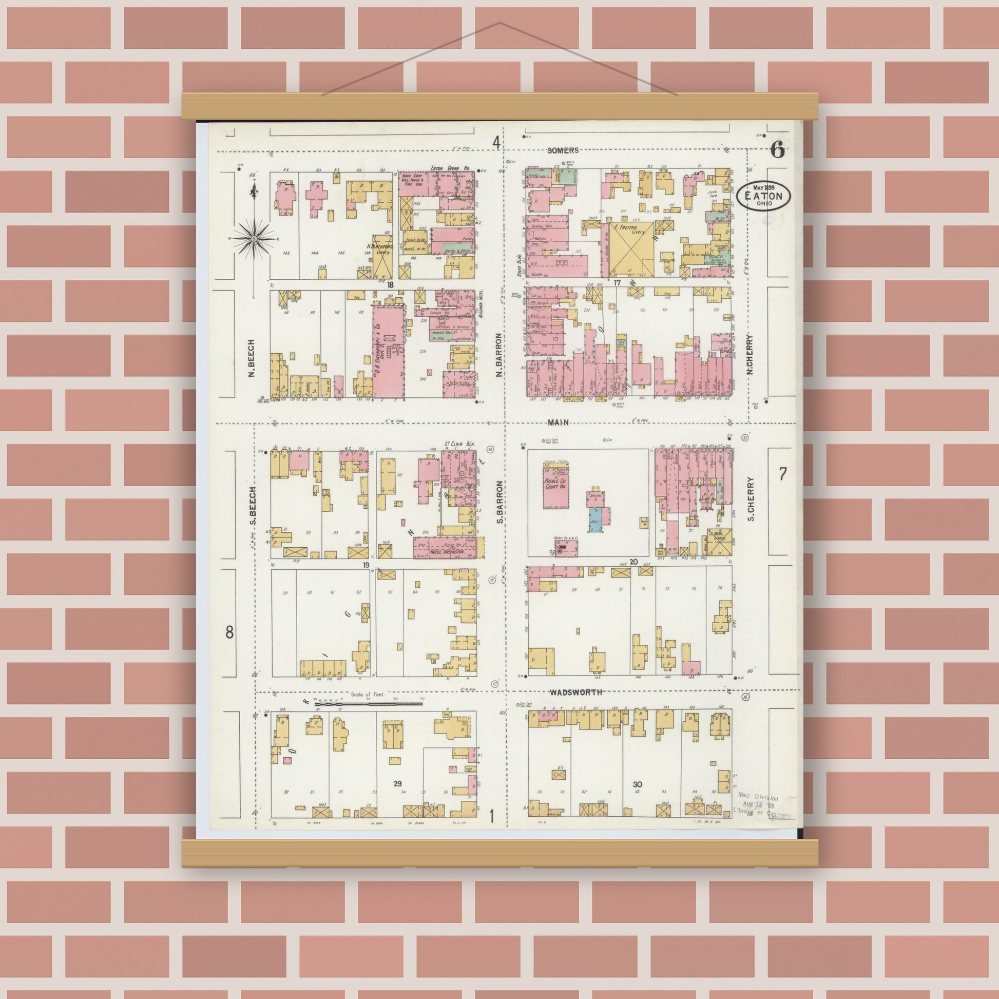 Old map wall art mockup — magnetic wood frame on brick wall — Sanborn Fire Insurance Map from Eaton, Preble County, Ohio (1899), Sheet #0006