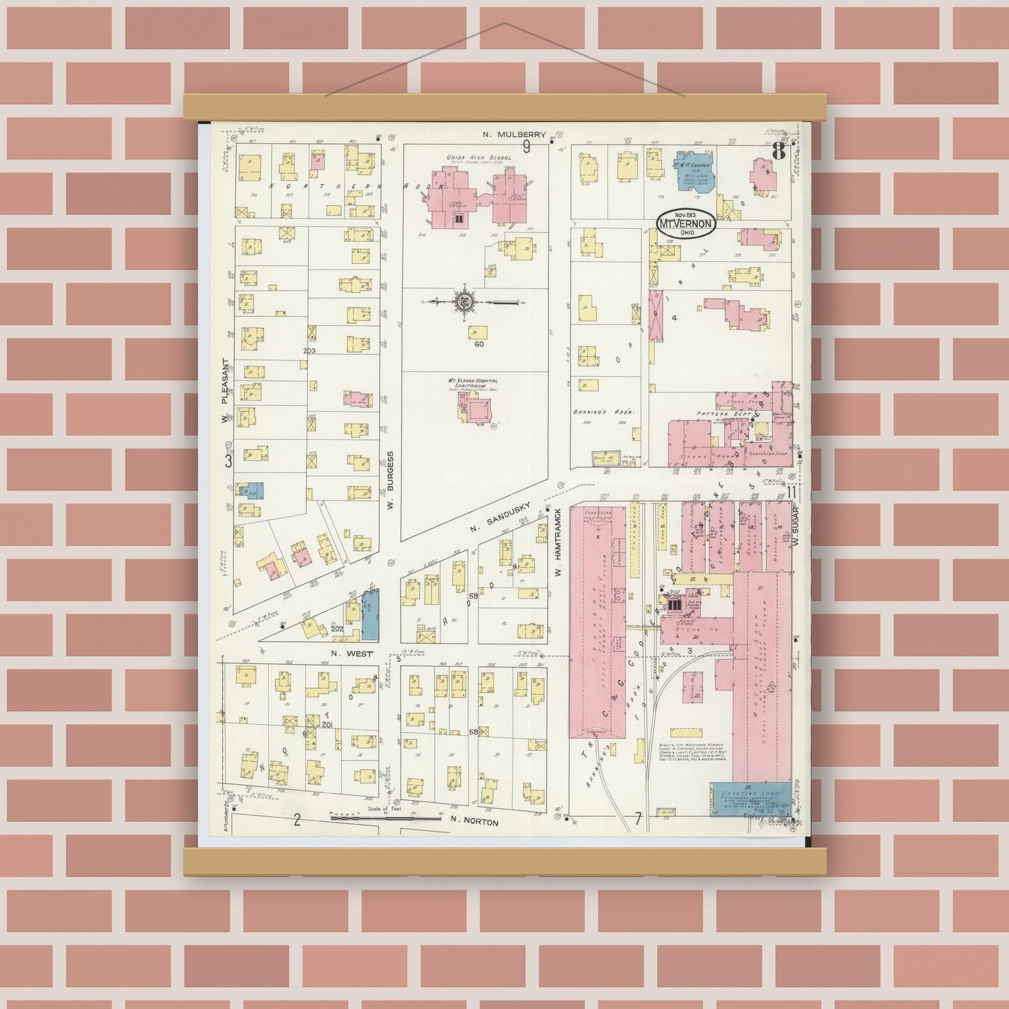 Old map wall art mockup — magnetic wood frame on brick wall — Sanborn Fire Insurance Map from Mount Vernon, Knox County, Ohio (1913), Sheet #0008