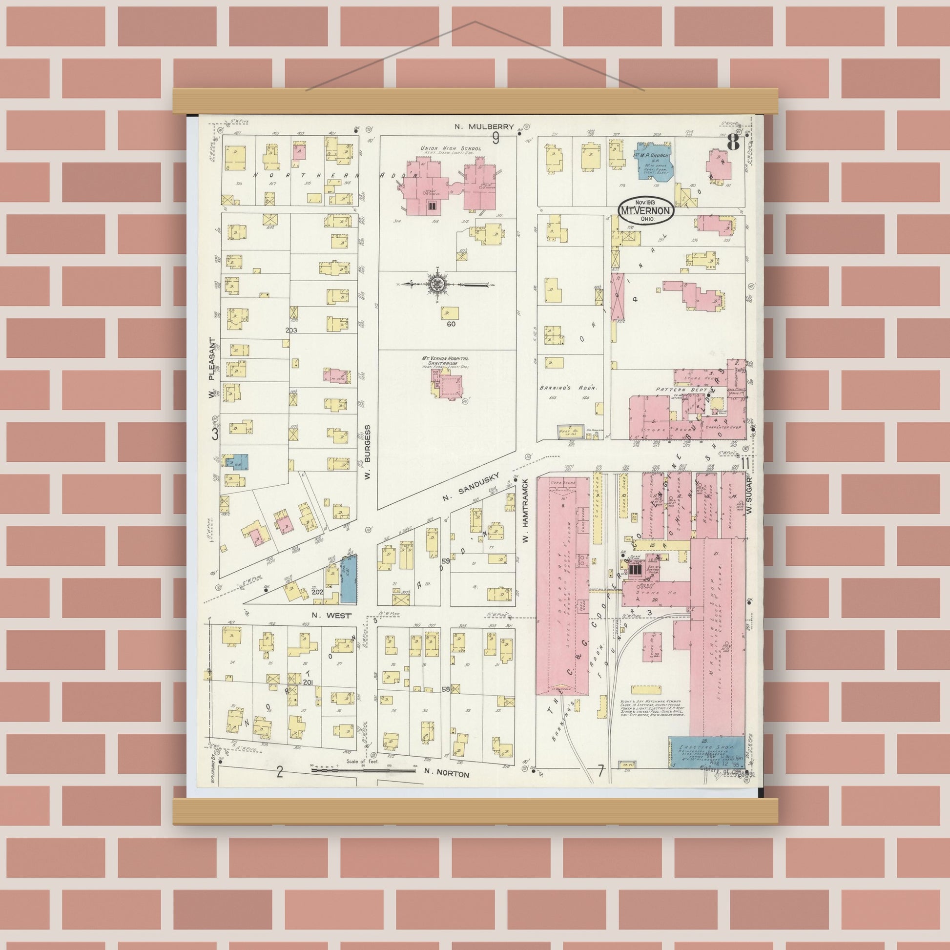Old map wall art mockup — magnetic wood frame on brick wall — Sanborn Fire Insurance Map from Mount Vernon, Knox County, Ohio (1913), Sheet #0008