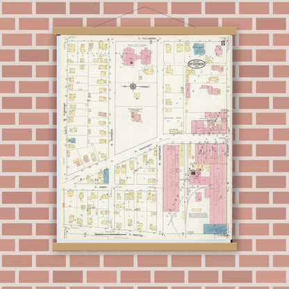 Old map wall art mockup — magnetic wood frame on brick wall — Sanborn Fire Insurance Map from Mount Vernon, Knox County, Ohio (1913), Sheet #0008