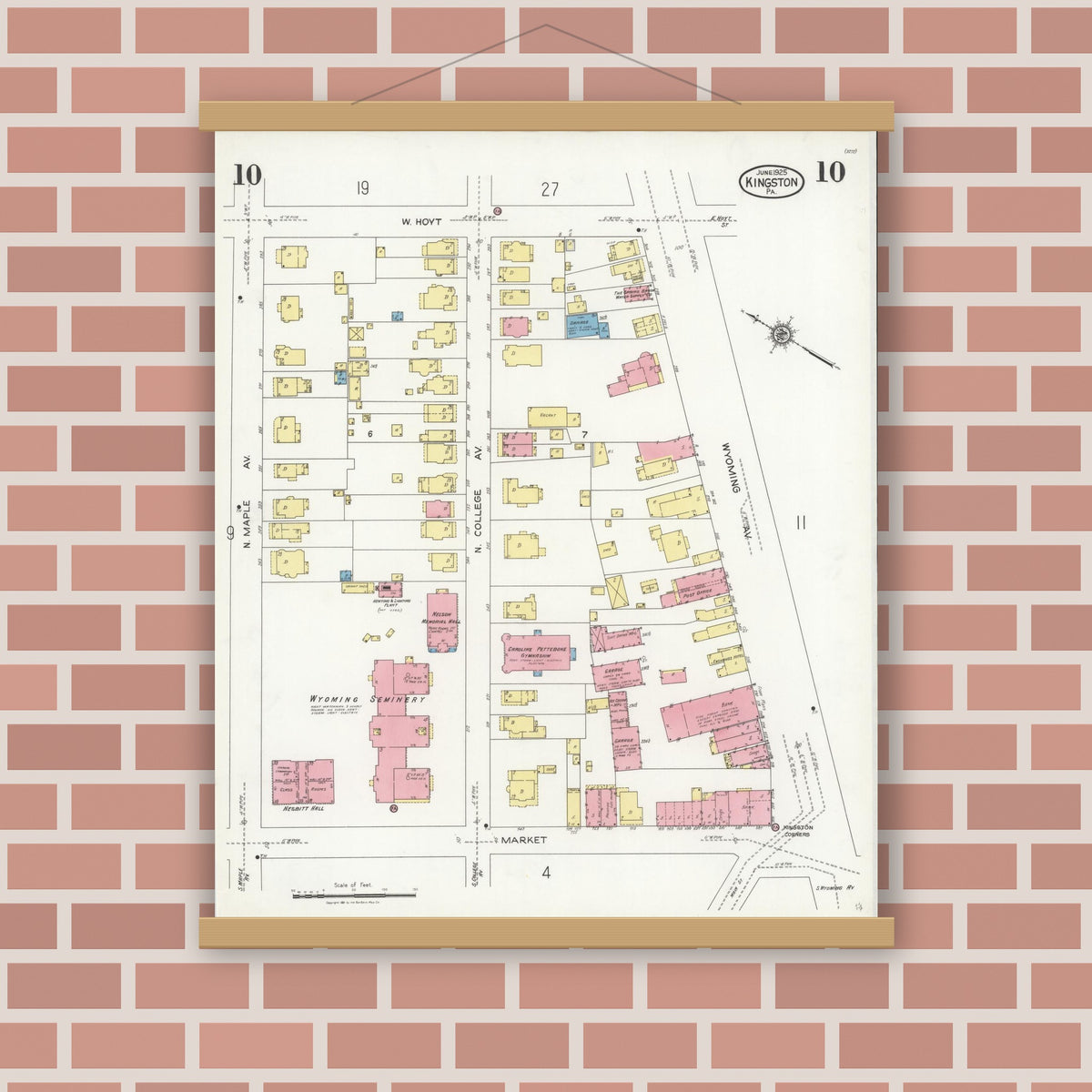 Old map wall art mockup — magnetic wood frame on brick wall — Sanborn Fire Insurance Map from Kingston, Luzerne County, Pennsylvania (1925), Sheet #0010
