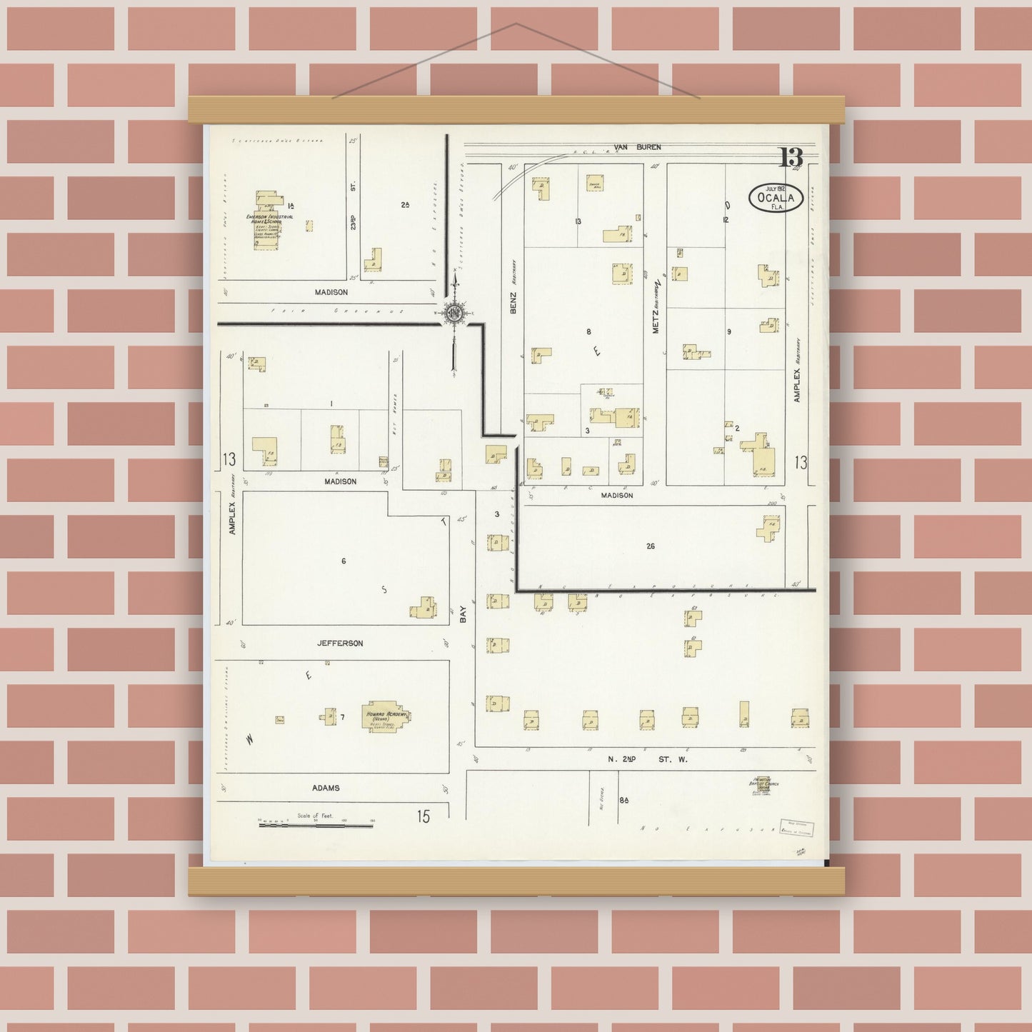 Old map wall art mockup — magnetic wood frame on brick wall — Sanborn Fire Insurance Map from Ocala, Marion County, Florida (1912), Sheet #0013