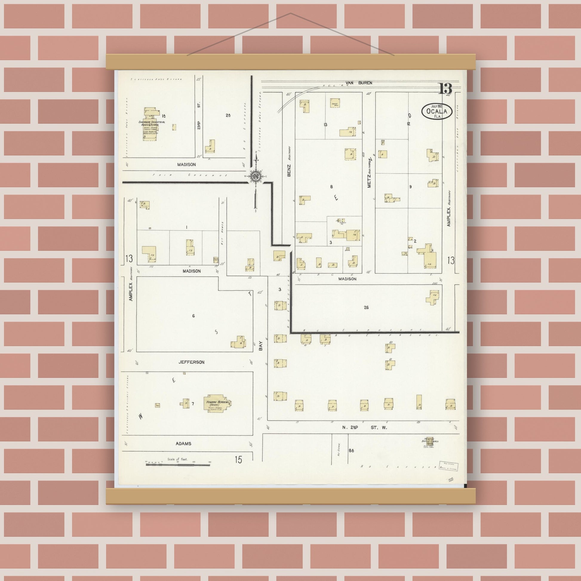 Old map wall art mockup — magnetic wood frame on brick wall — Sanborn Fire Insurance Map from Ocala, Marion County, Florida (1912), Sheet #0013