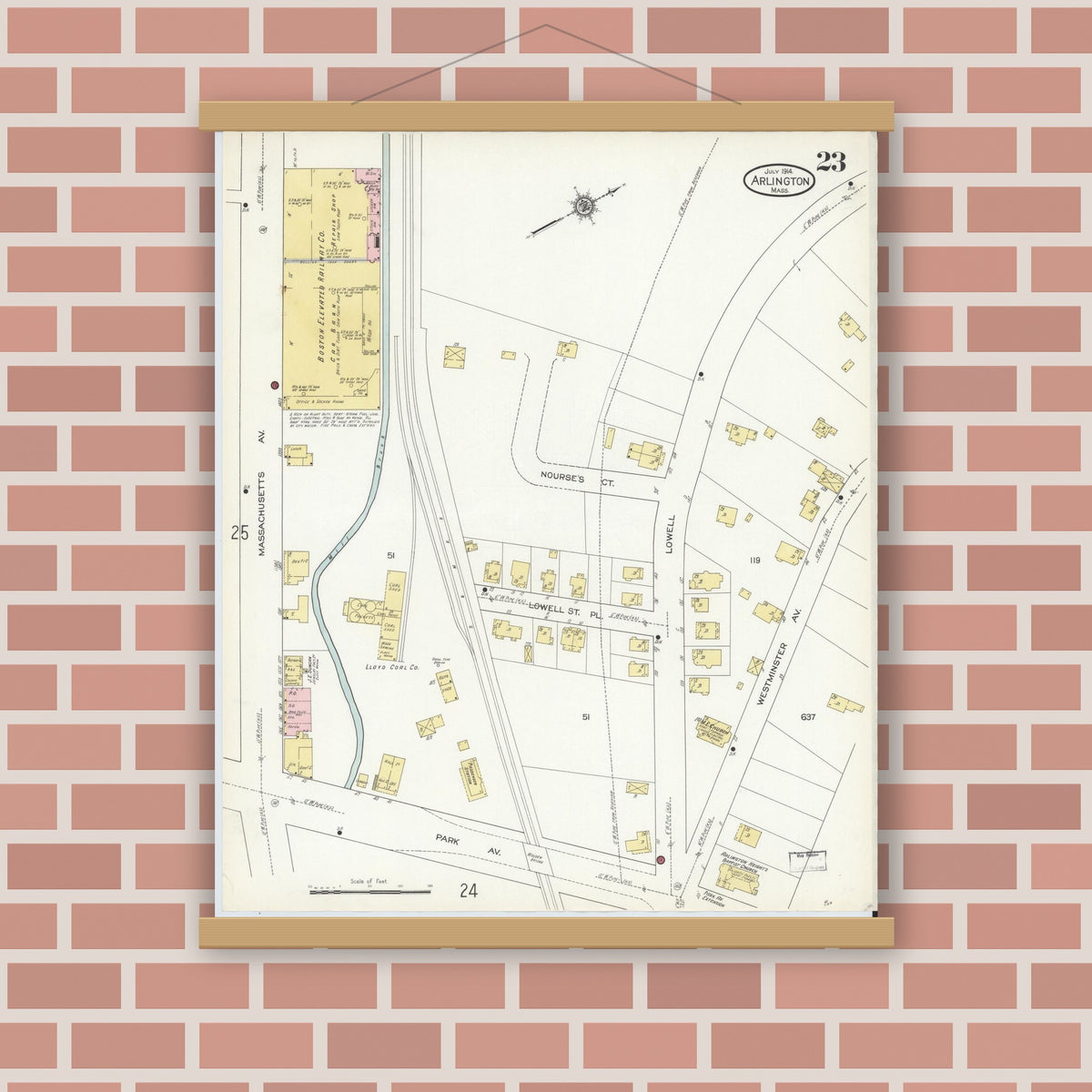 Old map wall art mockup — magnetic wood frame on brick wall — Sanborn Fire Insurance Map from Arlington, Middlesex County, Massachusetts (1914), Sheet #0023
