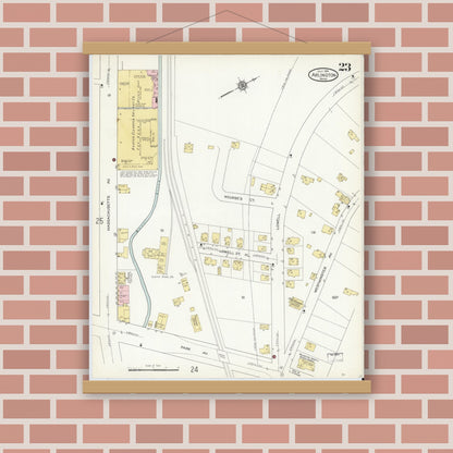 Old map wall art mockup — magnetic wood frame on brick wall — Sanborn Fire Insurance Map from Arlington, Middlesex County, Massachusetts (1914), Sheet #0023