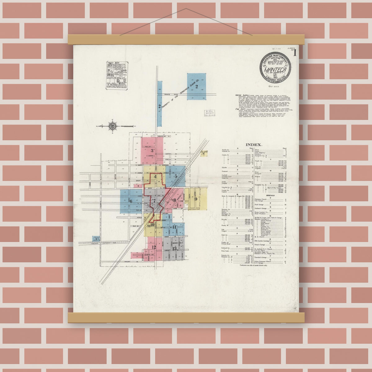 Old map wall art mockup — magnetic wood frame on brick wall — Sanborn Fire Insurance Map from Manteca, San Joaquin County, California (1921), Sheet #0001