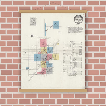 Old map wall art mockup — magnetic wood frame on brick wall — Sanborn Fire Insurance Map from Manteca, San Joaquin County, California (1921), Sheet #0001